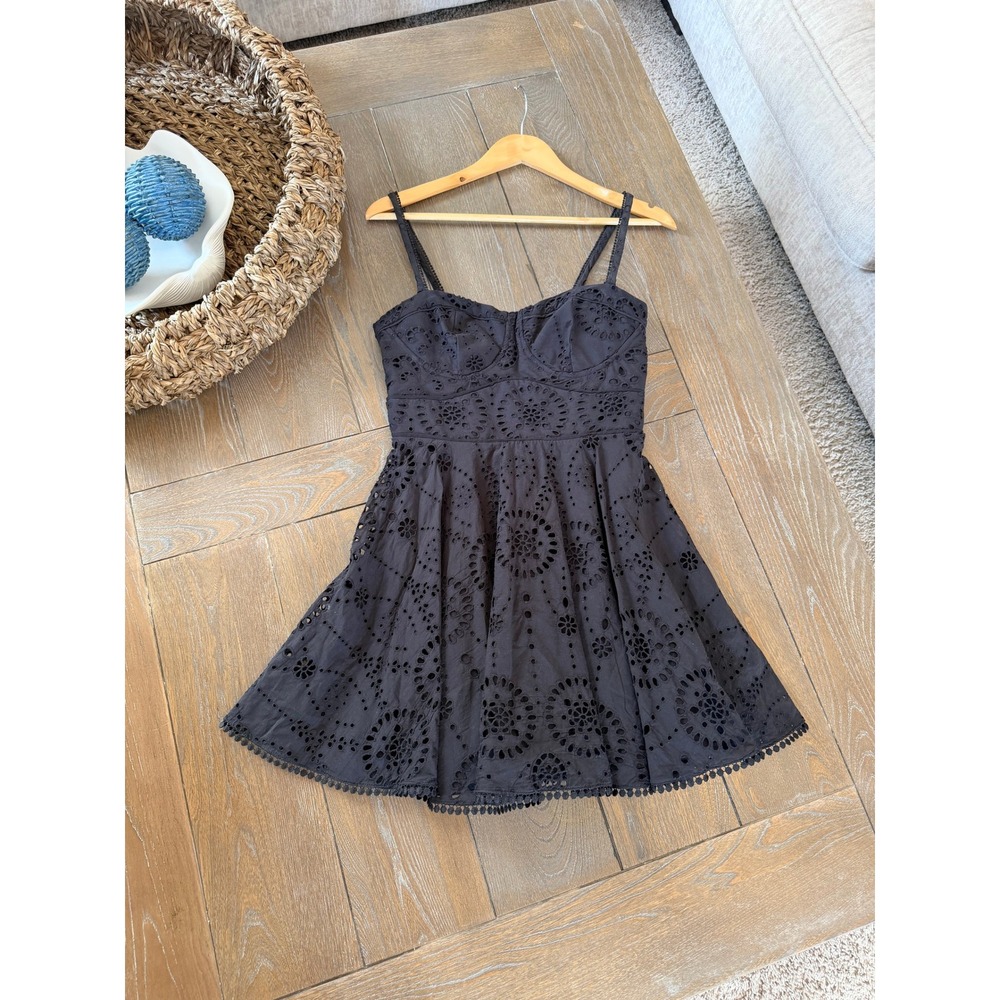 Zara‎ Eyelet Bustier Mini Dress Womens Black Medium Cotton Smocked Back LBD
